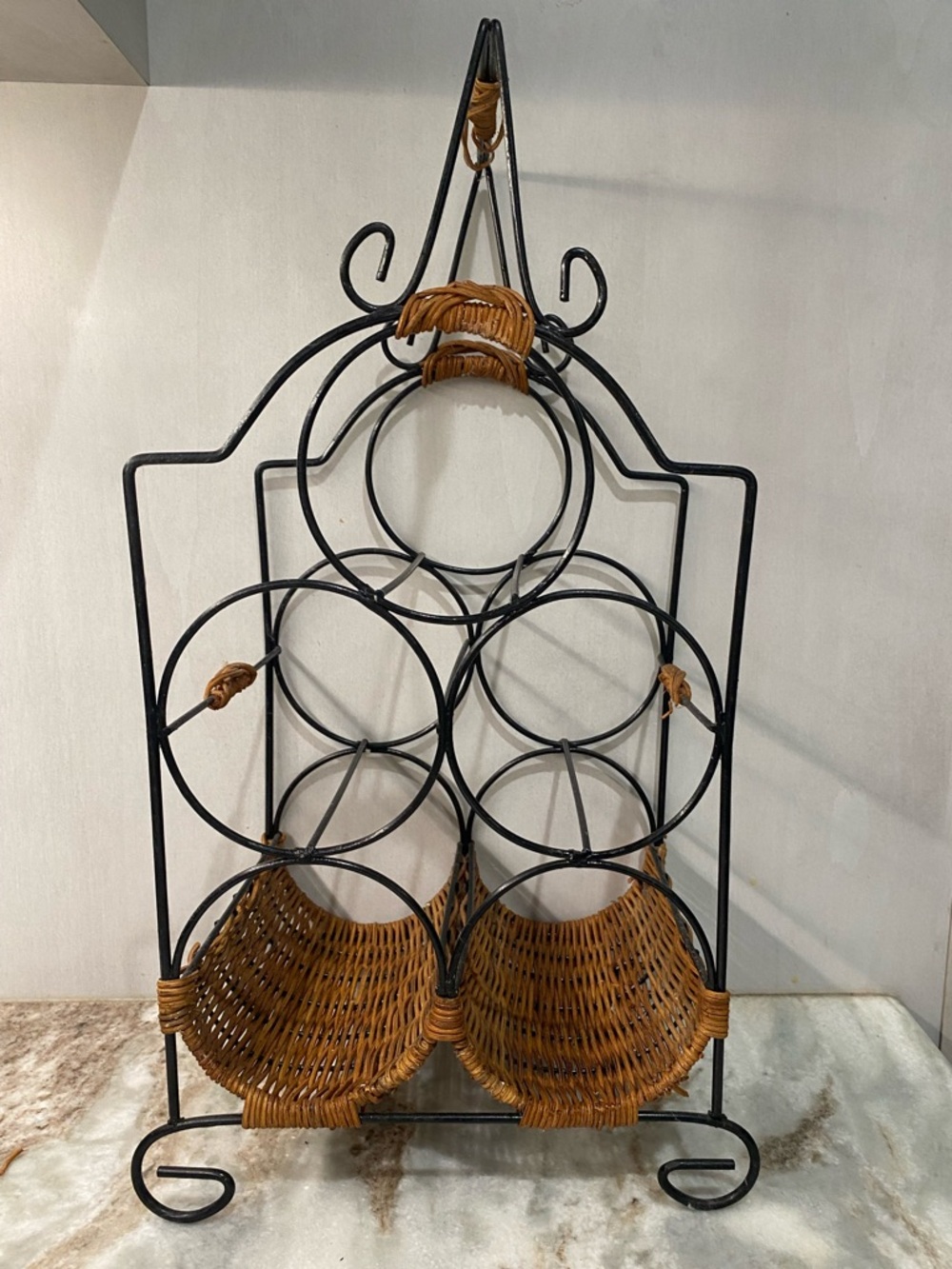 Vtg Mid Century Wrought Iron Wicker 5 Bottle Wine Rack Boho MCM